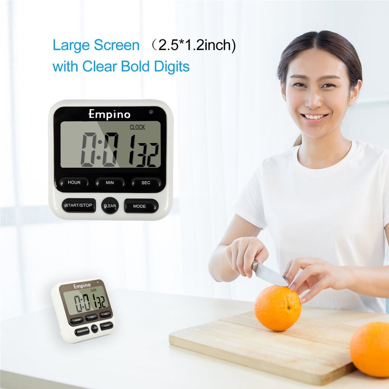 Empino Digital Kitchen Timer - Empino Upgraded 24-Hours Cooking Timer Clock Countdown Multifunction with Big Digits, Loud Alarm, Magnetic Backing Stand, and Memory for Cooking Baking Exercise, White - Image 4